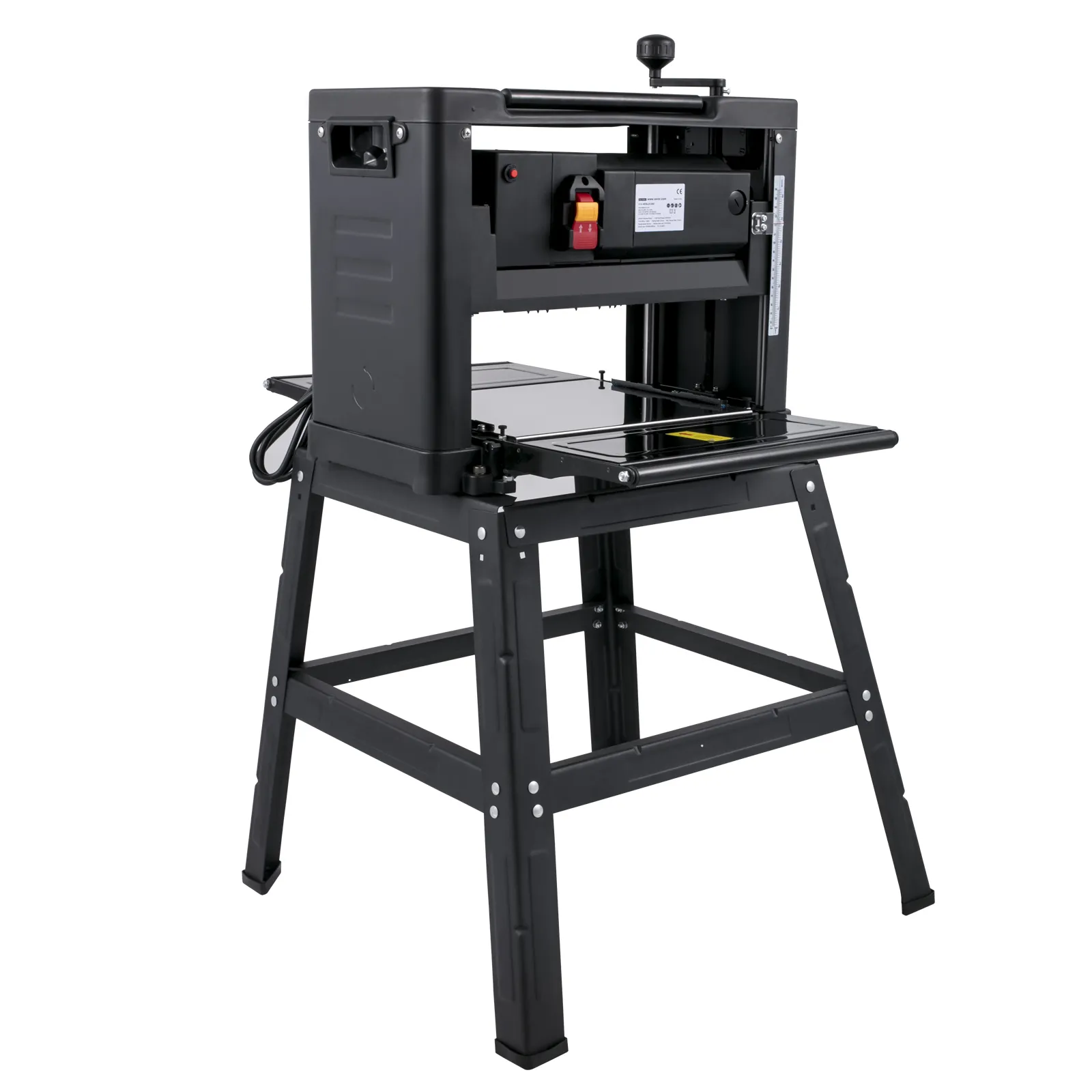 Cepilladora de espesor VEVOR sobre soporte resistente con cuchilla ajustable e interruptor de seguridad.