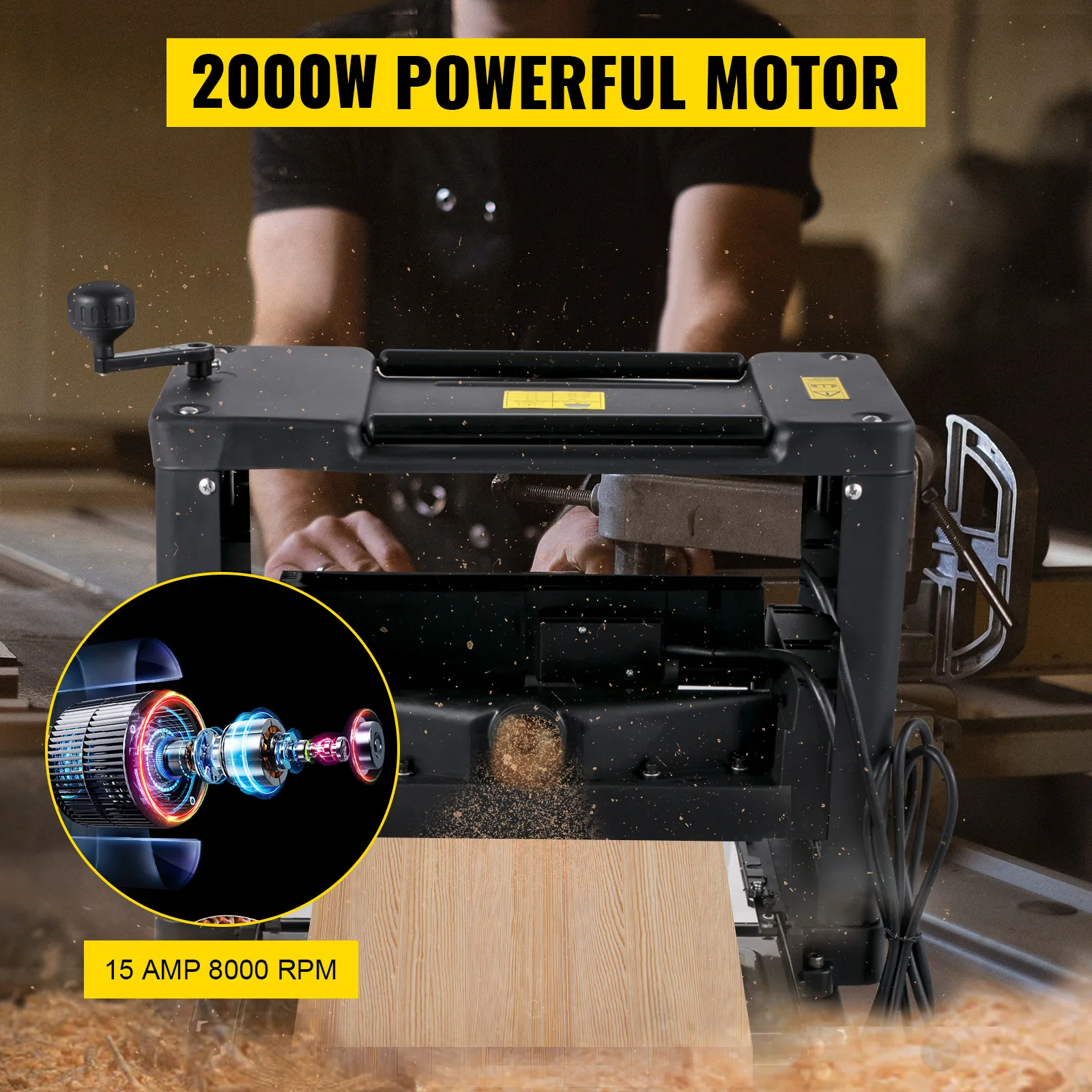 Cepilladora de espesor VEVOR con motor de 2000w, 15 amperios, 8000 rpm y hombre trabajando al fondo.