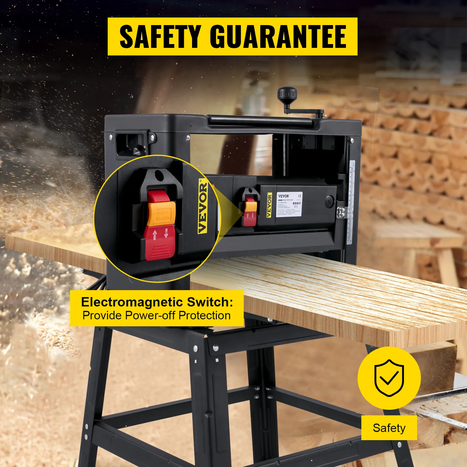 Cepilladora de espesor VEVOR con garantía de seguridad e interruptor electromagnético.