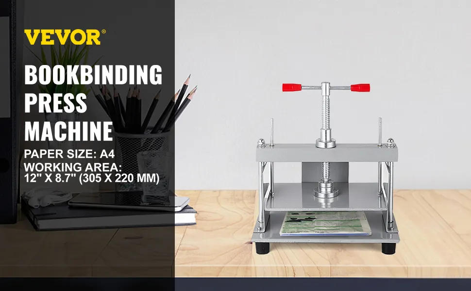 VEVOR manual paper press machine for a4 bookbinding, placed on a wooden desk.