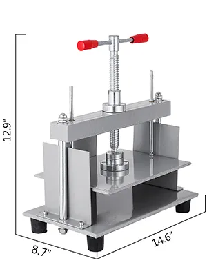VEVOR manual paper press machine with red handles and dimensions marked: 12.9" x 14.6" x 8.7".