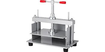 VEVOR manual paper press machine with steel frame and red-handled crank.