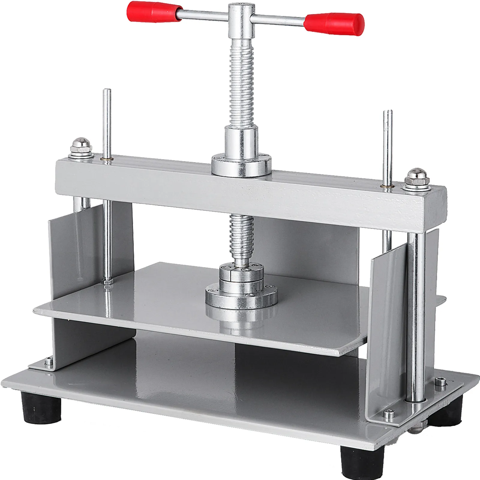 VEVOR manual paper press machine with red handles and metallic gray finish.