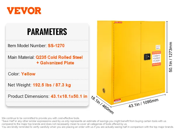 VEVOR flammable storage cabinet, yellow, 43.1x18.1x50.1 inches, ss-1270, q235 steel, 192.5 lbs.