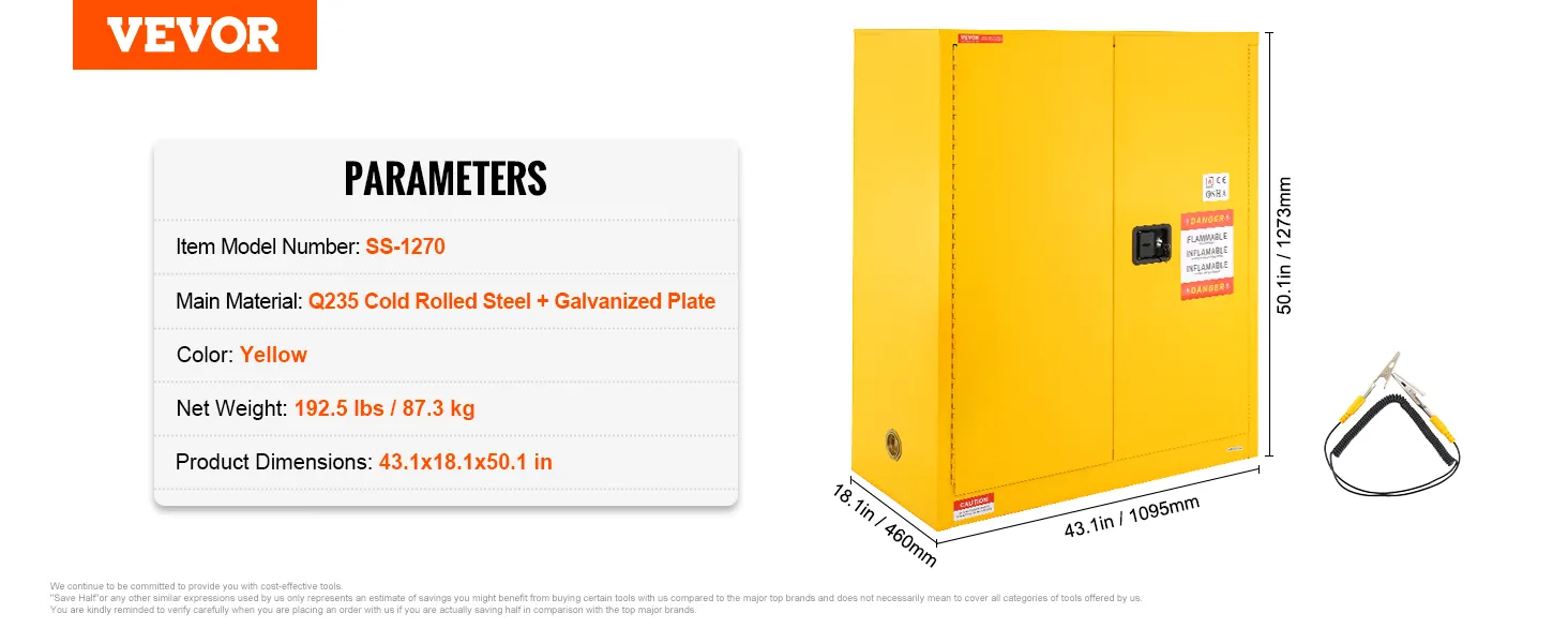 VEVOR flammable storage cabinet, yellow, 43.1x18.1x50.1 inches, ss-1270, q235 steel, 192.5 lbs.