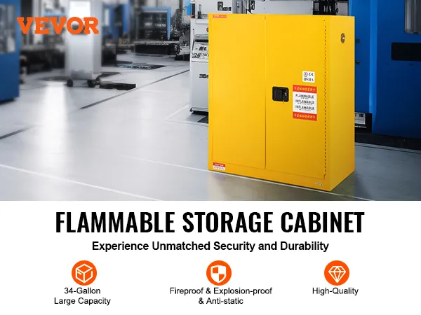 VEVOR flammable storage cabinet in a factory setting with compliance icons and safety labels.