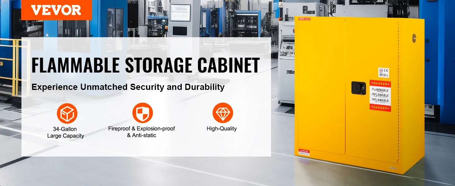 VEVOR flammable storage cabinet in a factory setting with compliance icons and safety labels.