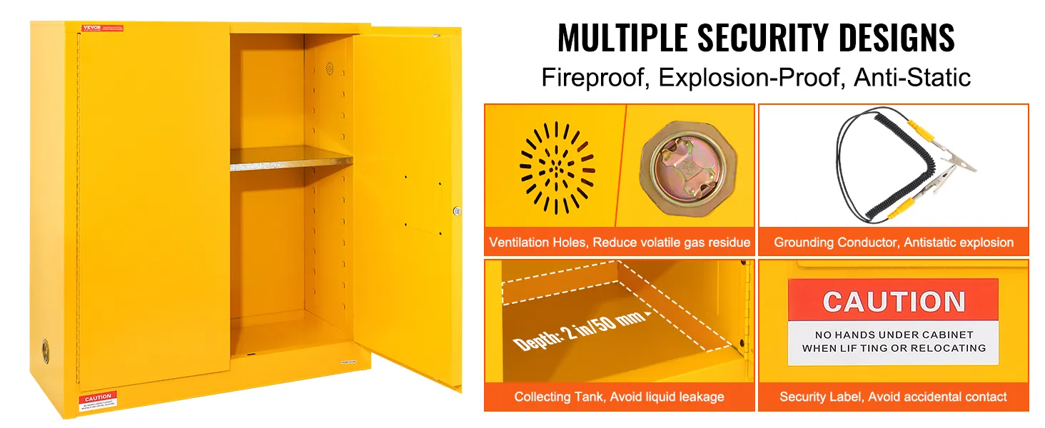 yellow VEVOR flammable storage cabinet with vent holes, grounding conductor, and safety warnings.