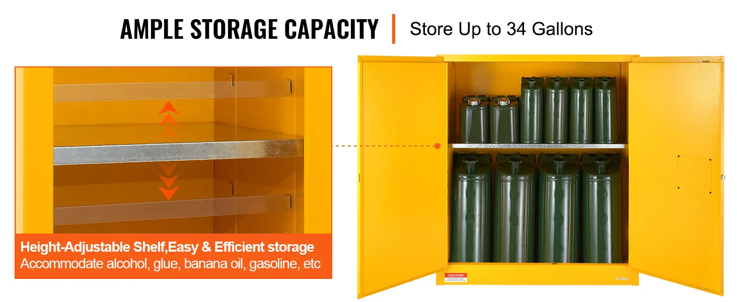 VEVOR flammable storage cabinet with height-adjustable shelves, stores up to 30 gallons.