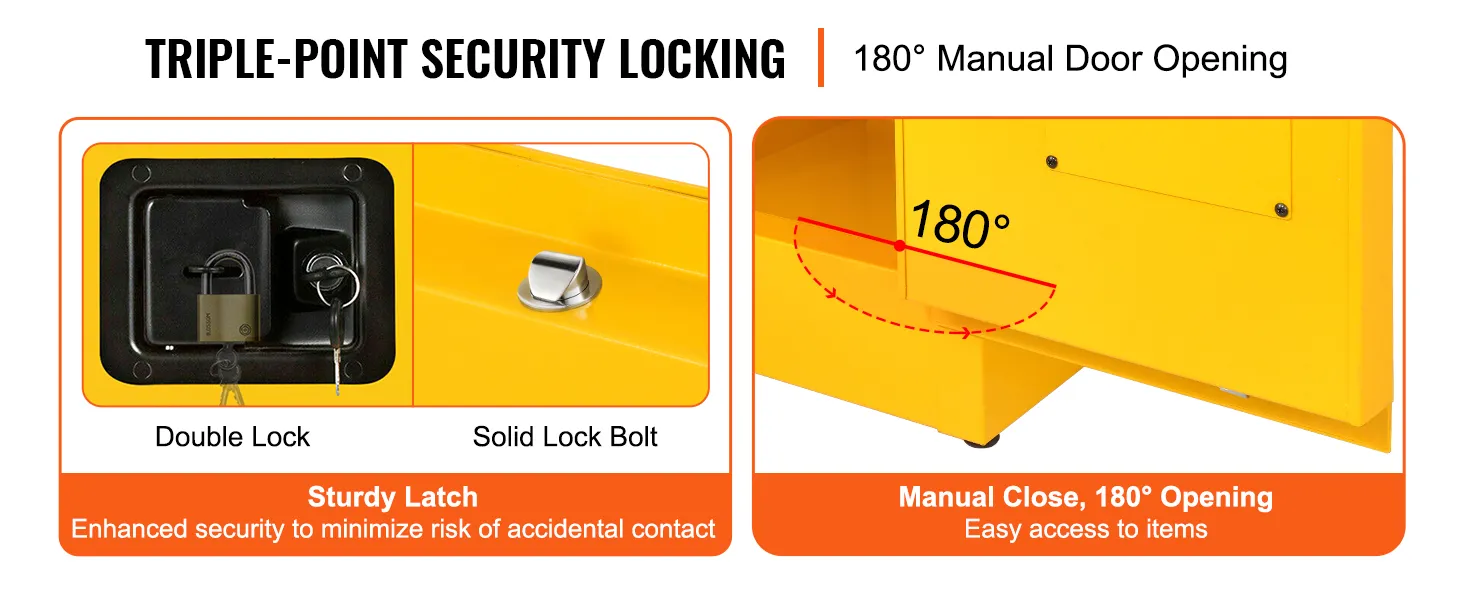 triple-point security locking and 180° manual door opening on a VEVOR flammable storage cabinet.