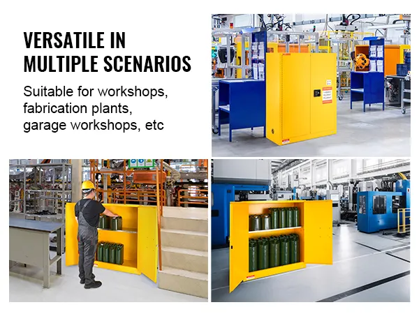 VEVOR flammable storage cabinet in workshop, fabrication plant, and garage workshop settings.