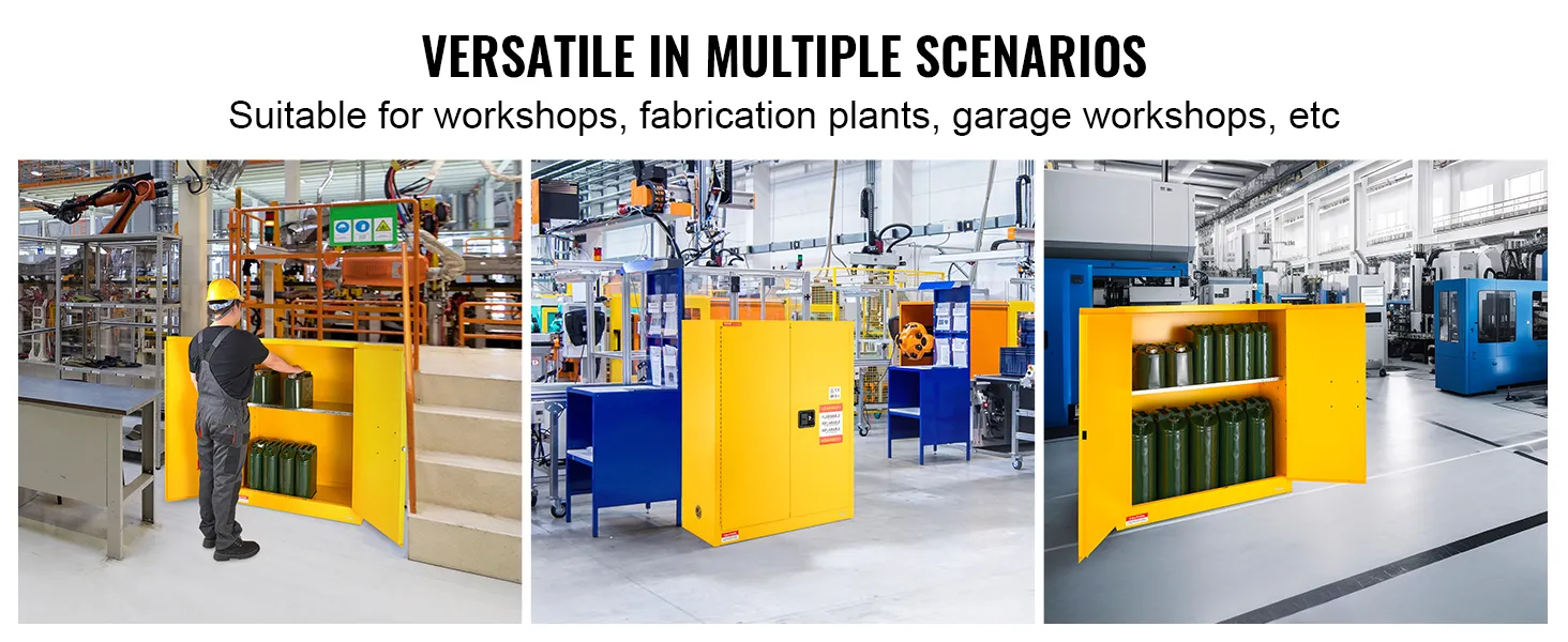 VEVOR flammable storage cabinet in workshop, fabrication plant, and garage workshop settings.