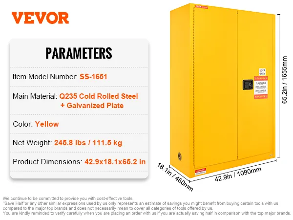 Armadio di sicurezza per materiali infiammabili VEVOR, giallo, alto 65,2 pollici, largo 42,9 pollici, con dettagli del prodotto nelle specifiche.