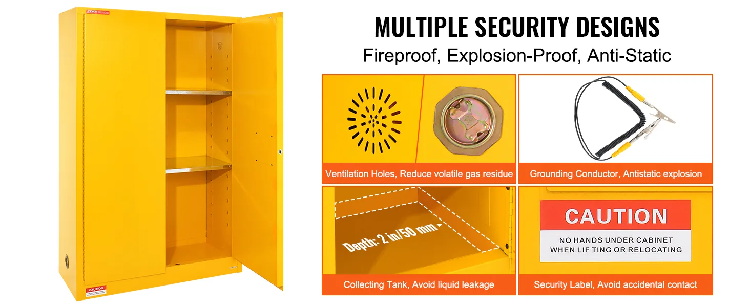 Armadio di sicurezza per materiali infiammabili VEVOR con molteplici misure di sicurezza, fori di ventilazione, conduttore di messa a terra.