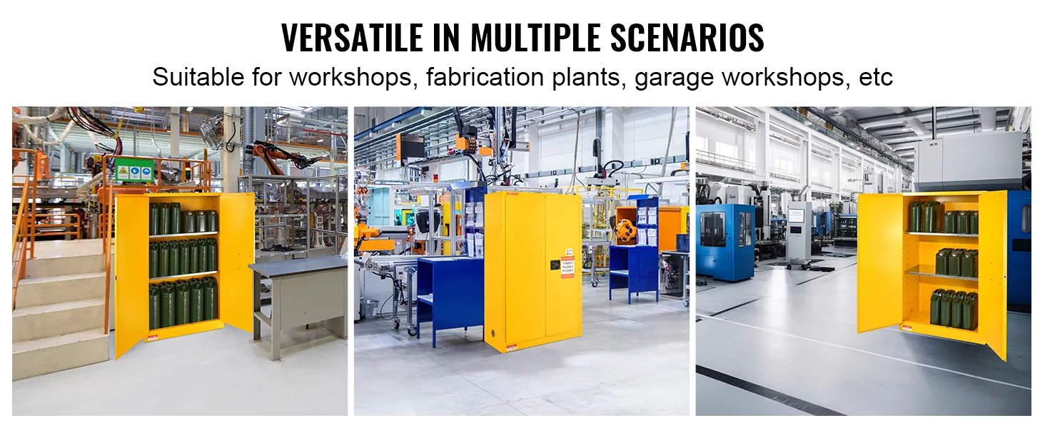 Armadio di sicurezza per gas infiammabili VEVOR in officine e stabilimenti di produzione, per conservare in modo sicuro i contenitori verdi.