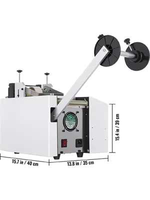 VEVOR heat-shrink tube cutter with dimensions, white panel, and black reel.