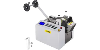 VEVOR heat-shrink tube cutter with precision controls and reel holder.