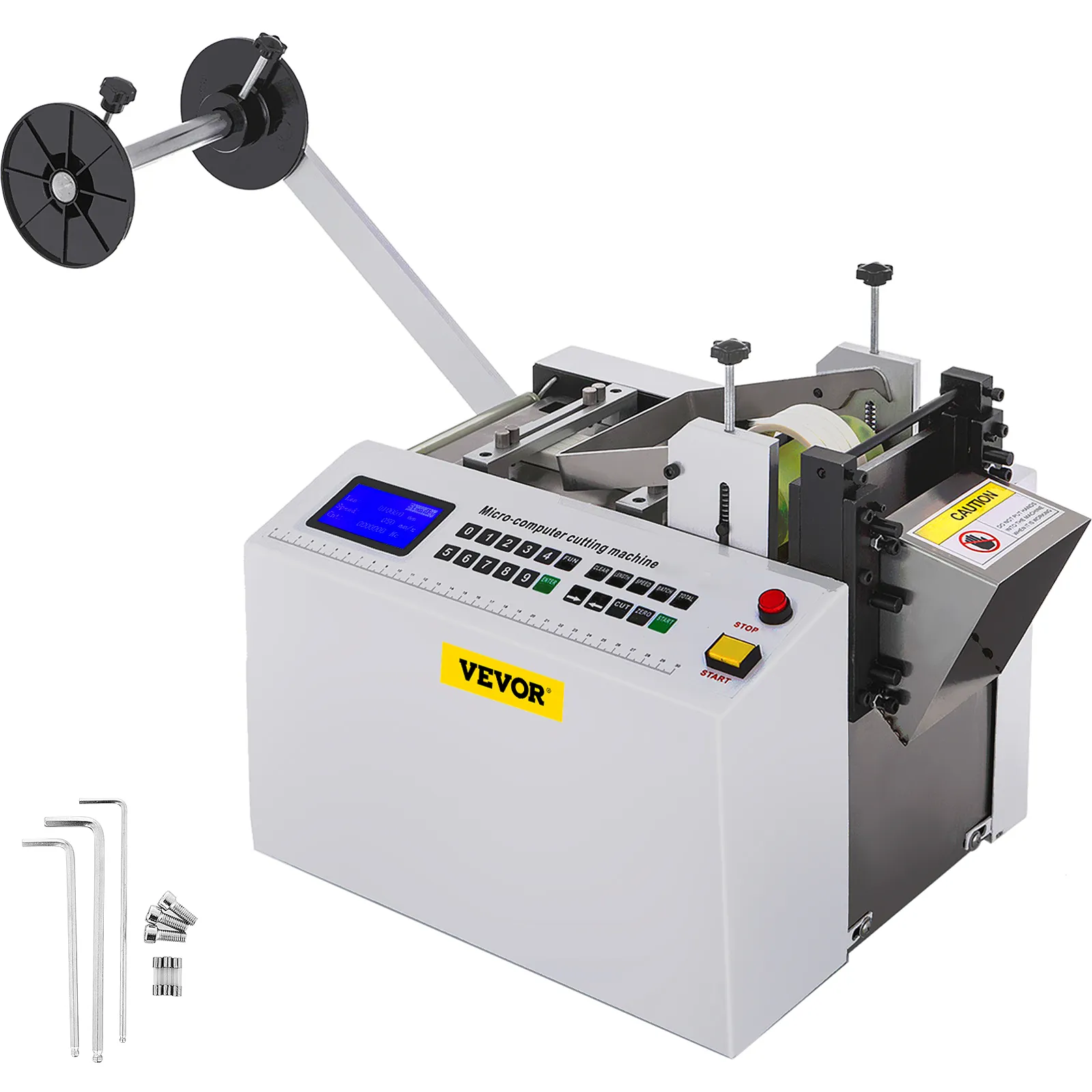 VEVOR heat-shrink tube cutter with digital display and control buttons.
