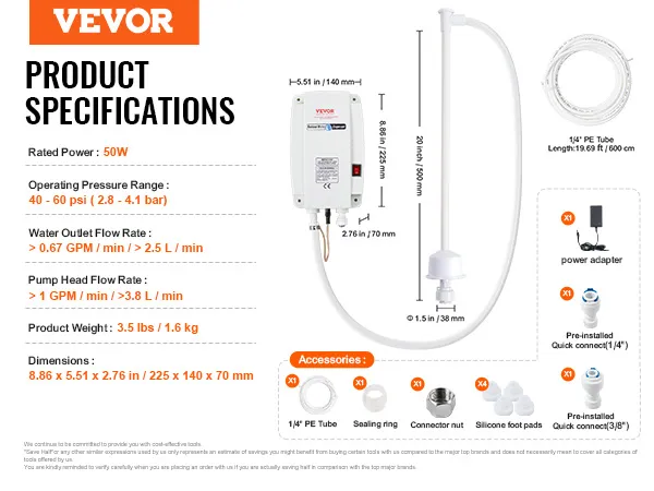 Especificaciones de la bomba dispensadora de agua VEVOR con dimensiones, accesorios y caudales.