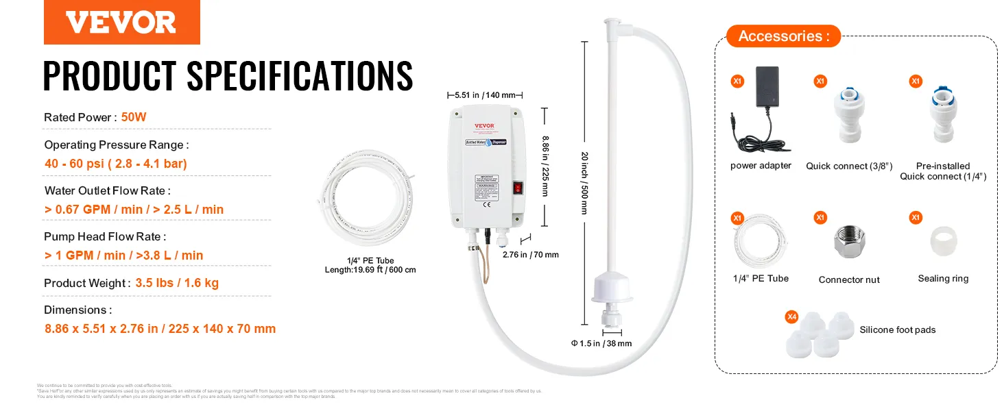 Especificaciones de la bomba dispensadora de agua VEVOR con dimensiones, accesorios y caudales.