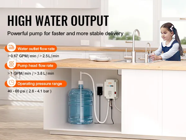 Bomba dispensadora de agua VEVOR con especificaciones de alto rendimiento de agua debajo del fregadero de la cocina.