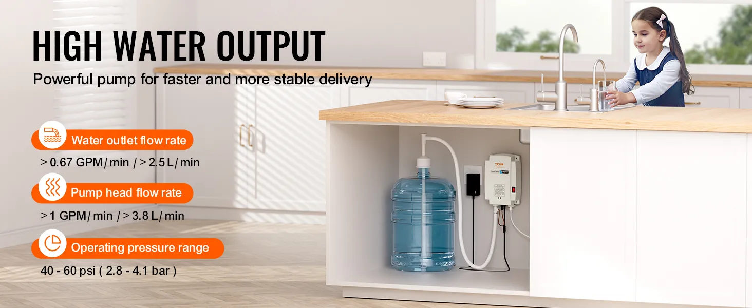 Bomba dispensadora de agua VEVOR con especificaciones de alto rendimiento de agua debajo del fregadero de la cocina.