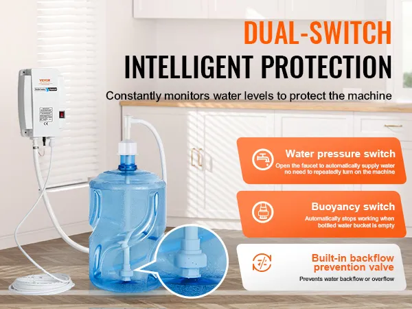 Bomba dispensadora de agua VEVOR con protección inteligente de doble interruptor en un entorno de cocina.