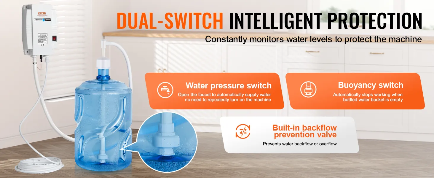 Bomba dispensadora de agua VEVOR con protección inteligente de doble interruptor en un entorno de cocina.