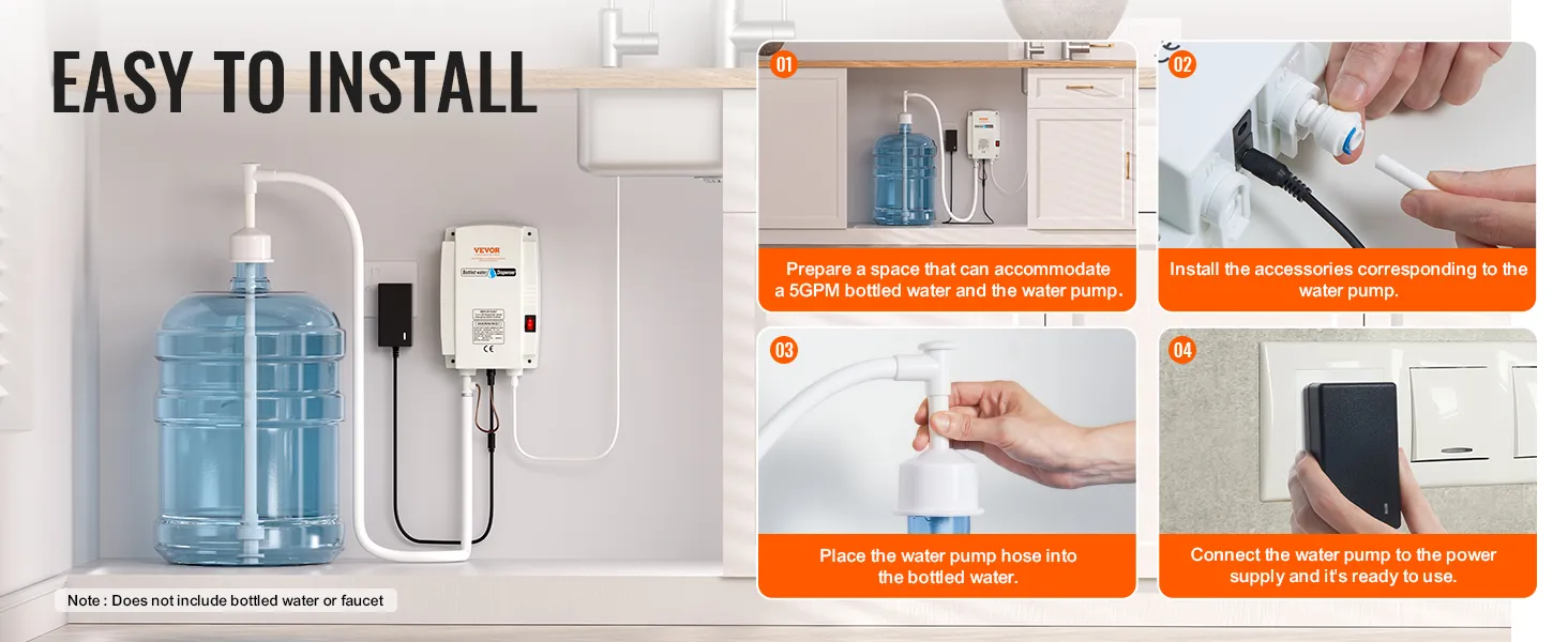 Pasos de instalación de la bomba dispensadora de agua VEVOR debajo del fregadero, con agua embotellada y fuente de alimentación.