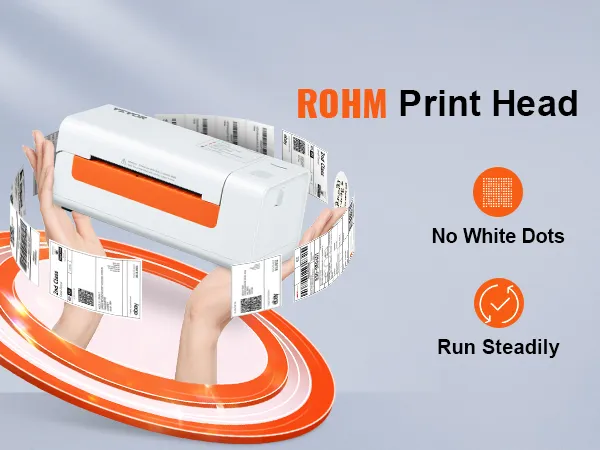 Impresora de etiquetas térmicas VEVOR con cabezal de impresión Rohm, etiquetas girando, características enumeradas.