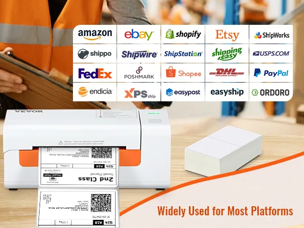 Impresora de etiquetas térmicas VEVOR en un escritorio con etiquetas de envío, plataformas logísticas y de comercio electrónico compatibles enumeradas.