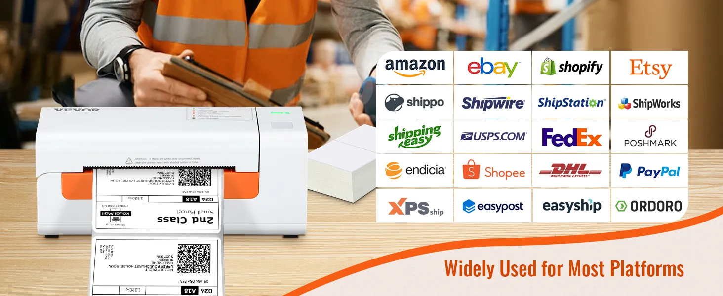 Impresora de etiquetas térmicas VEVOR en un escritorio con etiquetas de envío, plataformas logísticas y de comercio electrónico compatibles enumeradas.