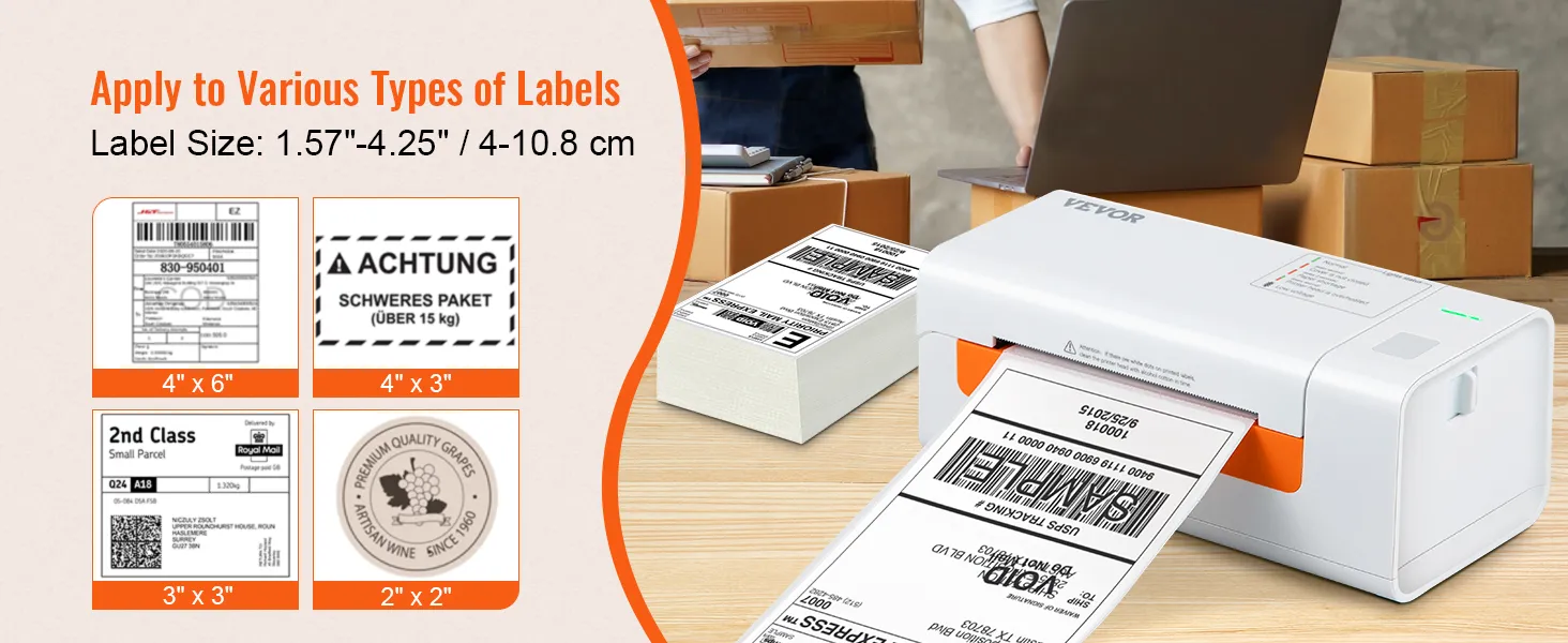 Impresora de etiquetas térmicas VEVOR que muestra varios tamaños y tipos de etiquetas en un escritorio con paquetes en el fondo.