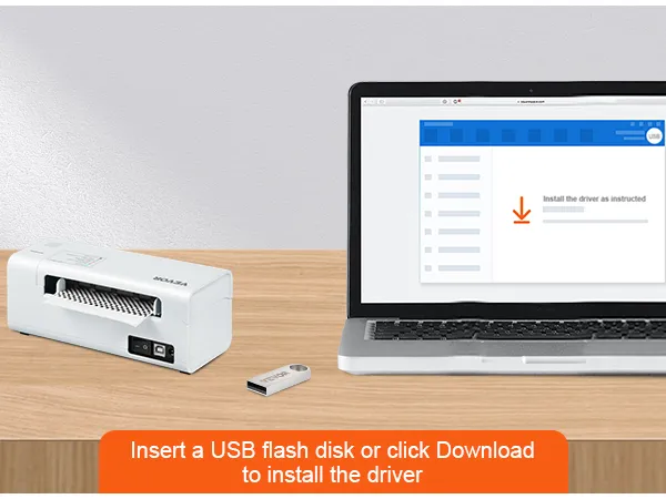 VEVOR thermal label printer next to a laptop and usb flash drive with driver installation instructions.