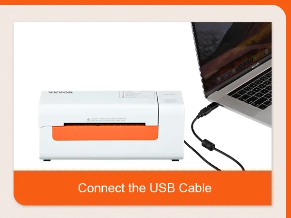 VEVOR thermal label printer connected to a laptop via usb cable.