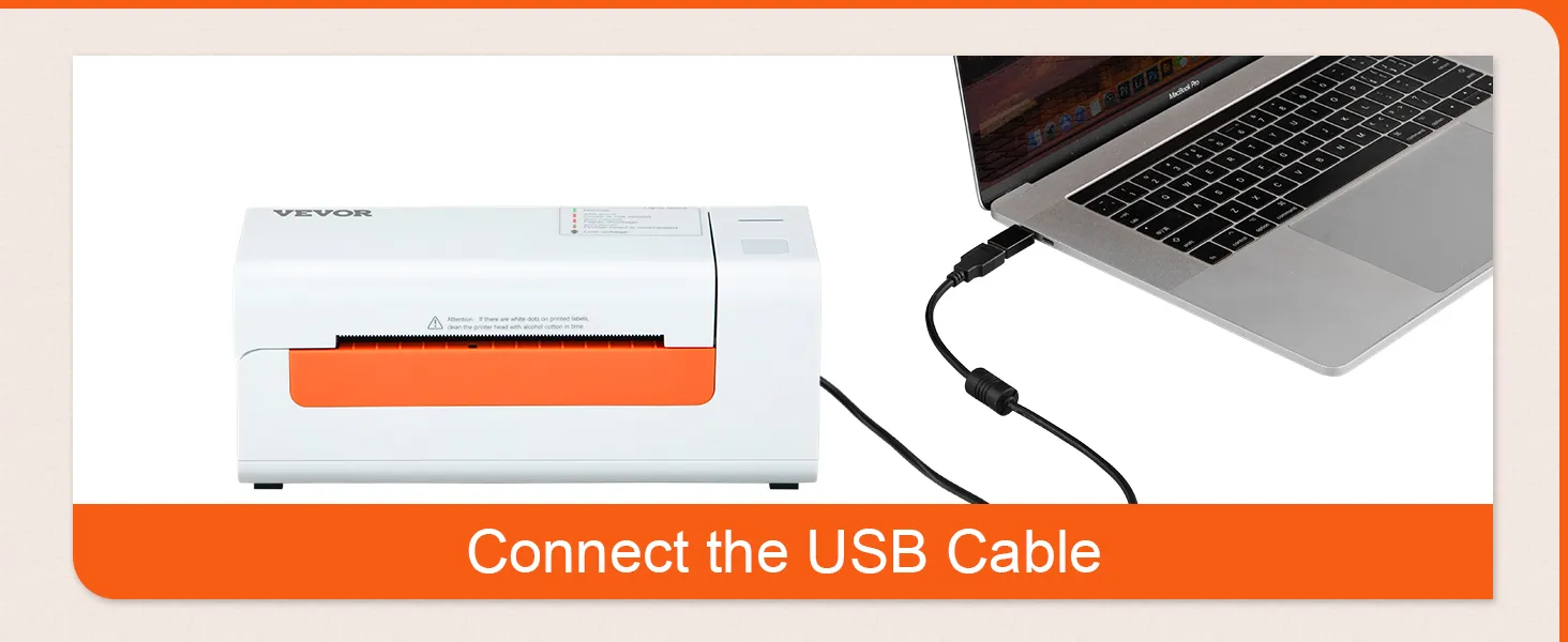 VEVOR thermal label printer connected to a laptop via usb cable.