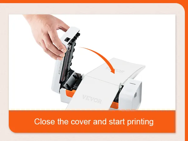 hand closing the cover of a VEVOR thermal label printer with text instructions below.