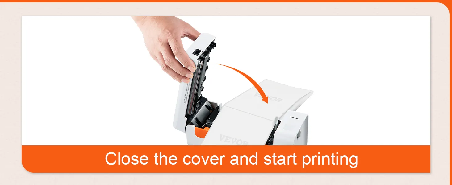 hand closing the cover of a VEVOR thermal label printer with text instructions below.