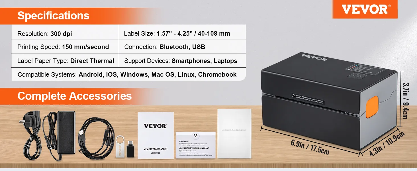 Impresora térmica de etiquetas Bluetooth VEVOR con especificaciones y accesorios en exhibición.