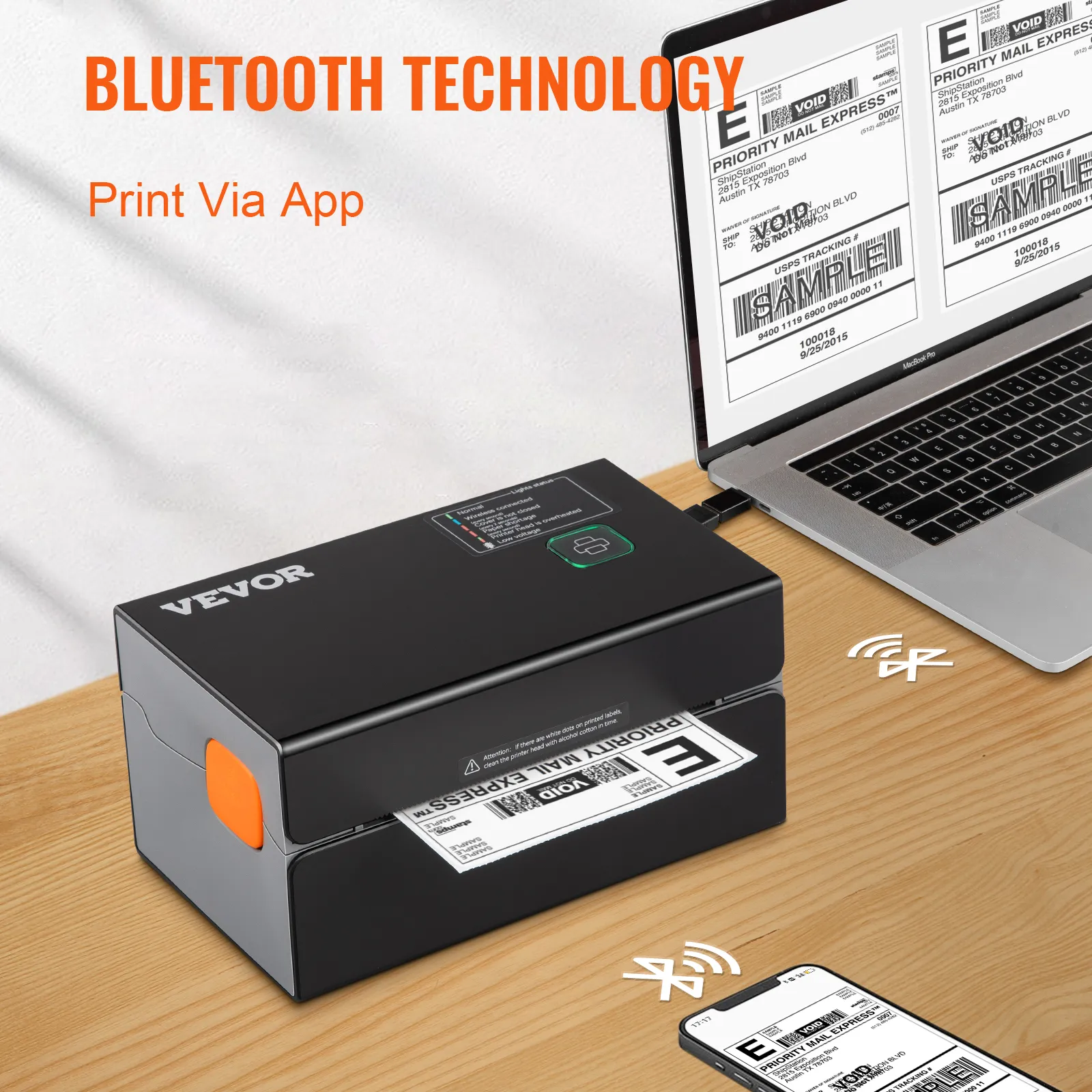 Impresora térmica de etiquetas con Bluetooth VEVOR que imprime etiquetas de envío desde una computadora portátil y un teléfono a través de la aplicación.