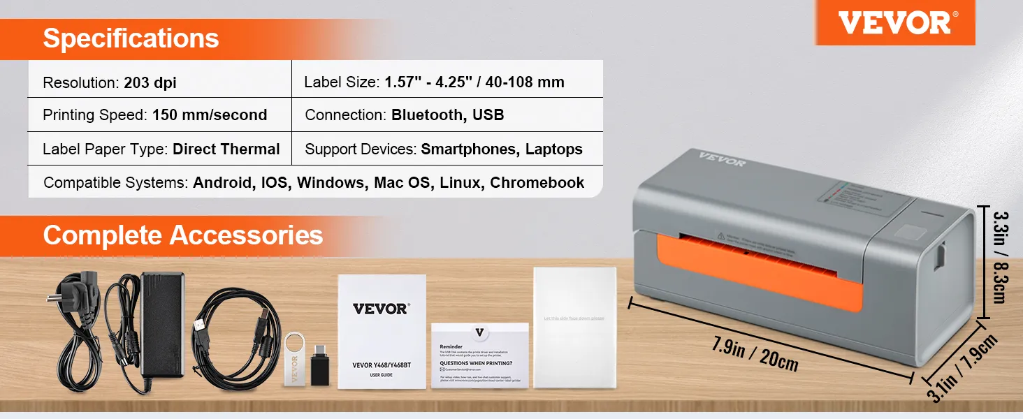 Impresora térmica de etiquetas Bluetooth VEVOR con accesorios, 203 dpi, velocidad de 150 mm/s, térmica directa.