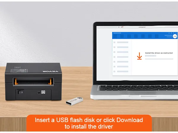 VEVOR thermal label printer setup with laptop and usb flash disk for driver installation.