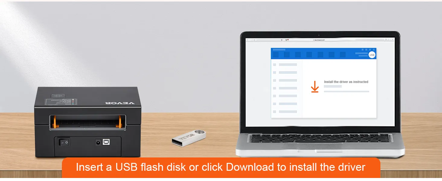 VEVOR thermal label printer setup with laptop and usb flash disk for driver installation.