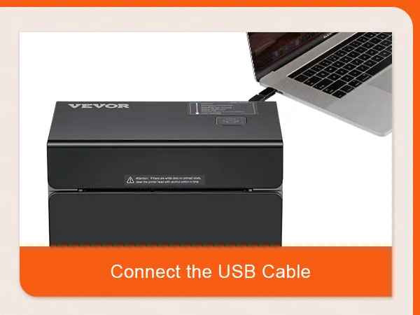 VEVOR thermal label printer connected to a macbook via usb cable for easy setup and use.