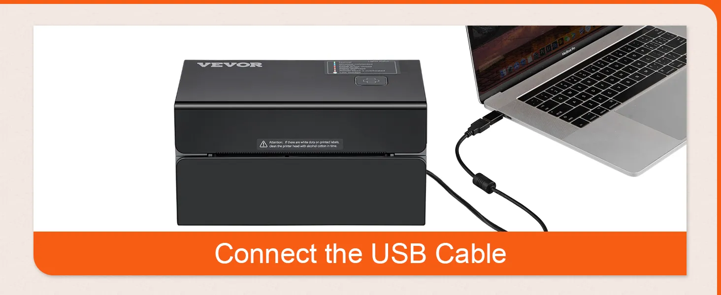 VEVOR thermal label printer connected to a macbook via usb cable for easy setup and use.