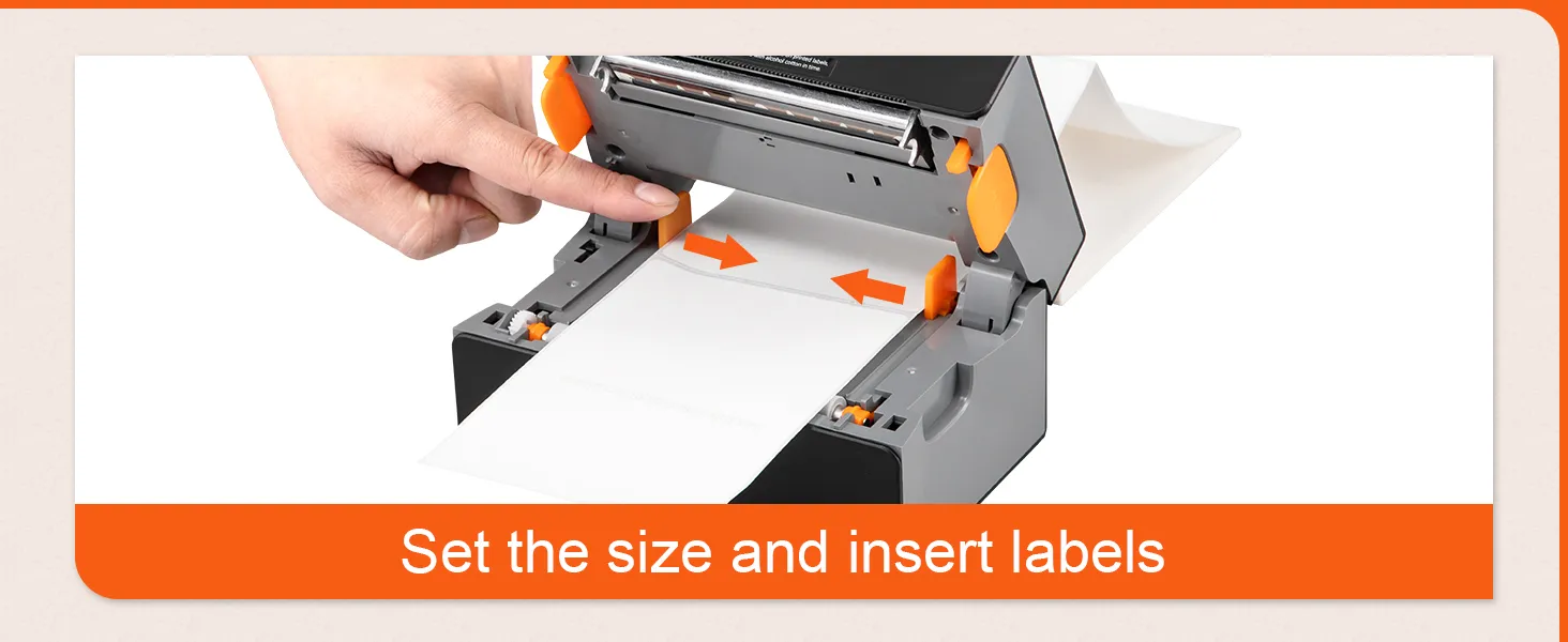 inserting a label into the VEVOR thermal label printer, with set size arrows highlighted.