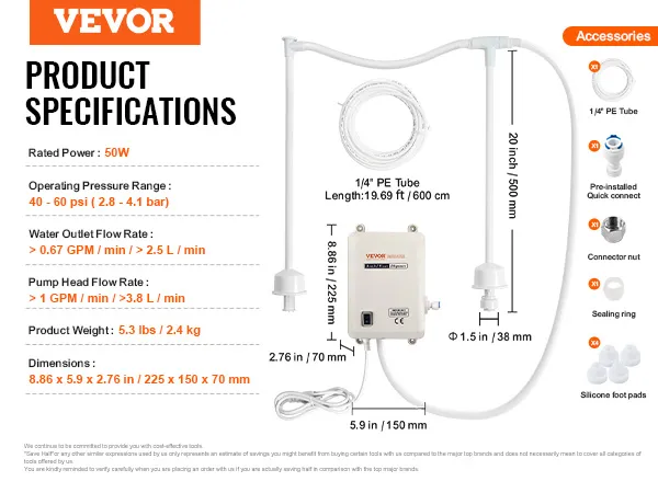 Spezifikationen des VEVOR-Flaschenwasserspendersystems: 50 W, 40–60 psi, 0,67 gpm, 5,3 lbs, 225 x 150 x 70 mm.