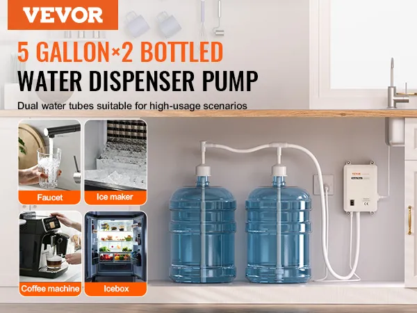 VEVOR-Flaschenwasserspendersystem mit zwei 5-Gallonen-Pumpen für Wasserhähne, Eismaschinen, Kaffeemaschinen und Kühlboxen.