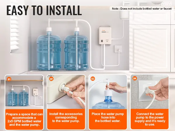 Installationsschritte für das VEVOR-Flaschenwasserspendersystem mit zwei Wasserbehältern.