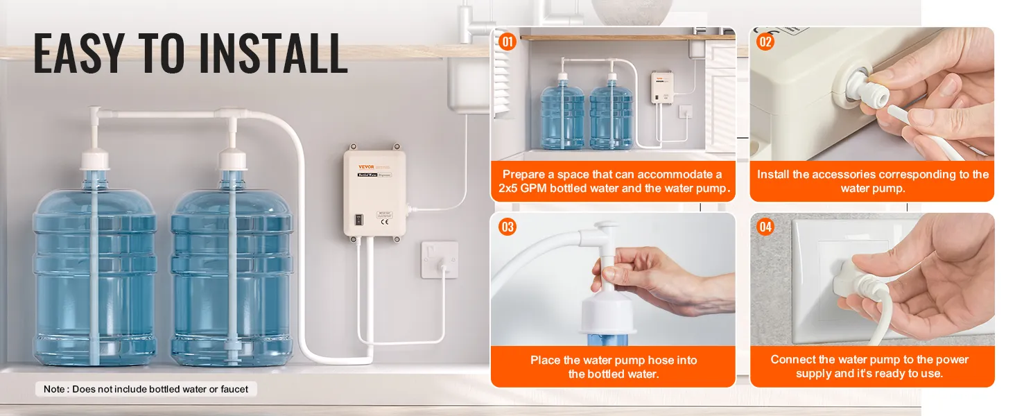 Installationsschritte für das VEVOR-Flaschenwasserspendersystem mit zwei Wasserbehältern.